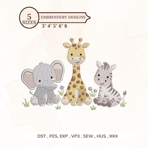 May include: An embroidery design featuring a gray elephant, a yellow giraffe with brown spots, and a gray and white striped zebra sitting in grass with small flowers. Text reads 5 SIZES 3" 4" 5" 6" 8 and file formats DST, PES, EXP, VP3, SEW, HUS, XXX.
