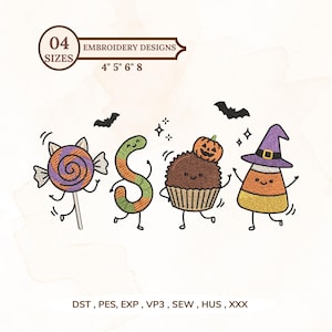May include: Four Halloween-themed embroidery designs featuring a swirled lollipop with cat ears, a striped worm, a cupcake topped with a pumpkin, and a candy corn wearing a witch hat. Text includes 04 SIZES 4" 5" 6" 8 and DST, PES, EXP, VP3, SEW, HUS, XXX.