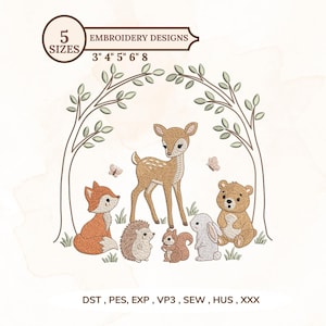 May include: An embroidery design featuring a central fawn surrounded by a fox, hedgehog, squirrel, rabbit, and bear under a tree arch. Text includes 5 SIZES 3" 4" 5" 6" 8 and file formats DST, PES, EXP, VP3, SEW, HUS, XXX. The animals are rendered in brown, tan, and grey tones.