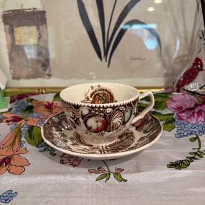 May include: A vintage teacup and saucer set with a brown and white fruit and floral design. The teacup has a handle and sits on a matching saucer. The set is placed on a floral patterned tablecloth.