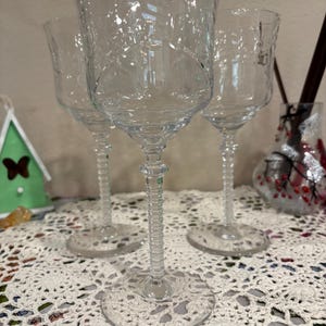 Vintage Libbey Rock Sharpe Burlev geätzte Kristall [Wein / Wasser] Becher - Stiel 1005 - 3er-Set