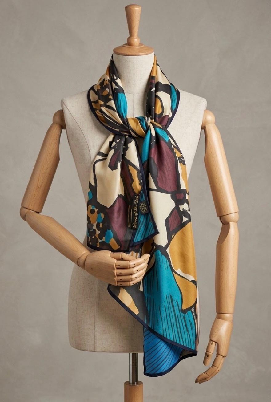 Pristine Vintage Bernie of New York Silk Scarf | Oblong Sheer Floral Wrap | Abstract Painterly Teal & Mustard | Made in USA | No Flaws