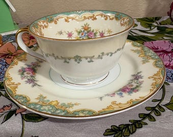 Vintage Noritake Floralia Teacup Saucer Set | Gold Trim Floral Adela Pattern 1933