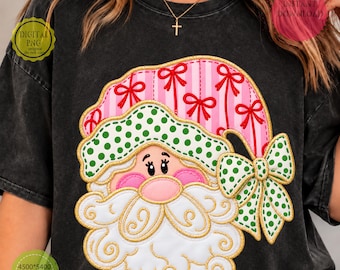 Kokietka Mikołaj PNG, Preppy Mikołaj PNG, Różowe Boże Narodzenie PNG, Aplikacja imitująca Mikołaja, Haftowany wygląd świąteczny Sublimacja