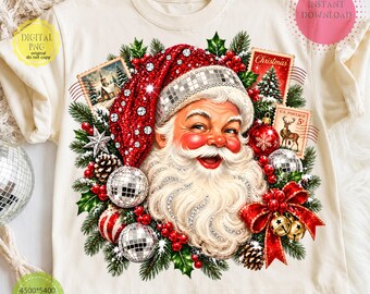 Retro Santa PNG, Vintage Christmas PNG, Preppy Santa Claus, Christmas Wreath PNG, Coquette Holiday Sublimation, Instant Download