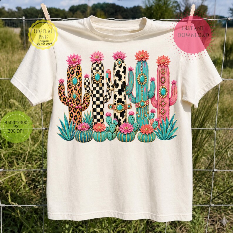 Cowgirl boho cactus digital download with pink flowers and desert plants