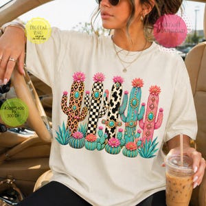 Trendy cowgirl cactus PNG featuring leopard and checkered patterns