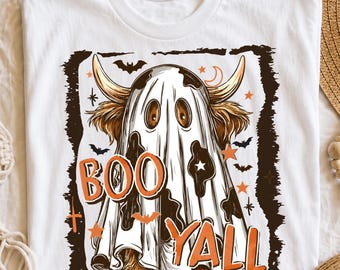 Boo Yall Halloween Highland Cow Png, Diseño de sublimación de vaca espeluznante fantasma Highland Cow, Lindo otoño calabaza vaca camiseta Png, Descarga digital
