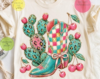 Western Cactus PNG, Leopard Checkerboard Cowgirl Boot, Boho Desert Design (Digital Download)