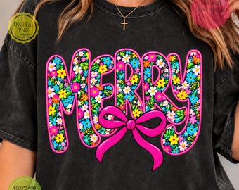 Preppy Merry Christmas PNG, Retro Floral Christmas PNG, Pink Bow Coquette Holiday Sublimation, Aesthetic Xmas Shirt Design