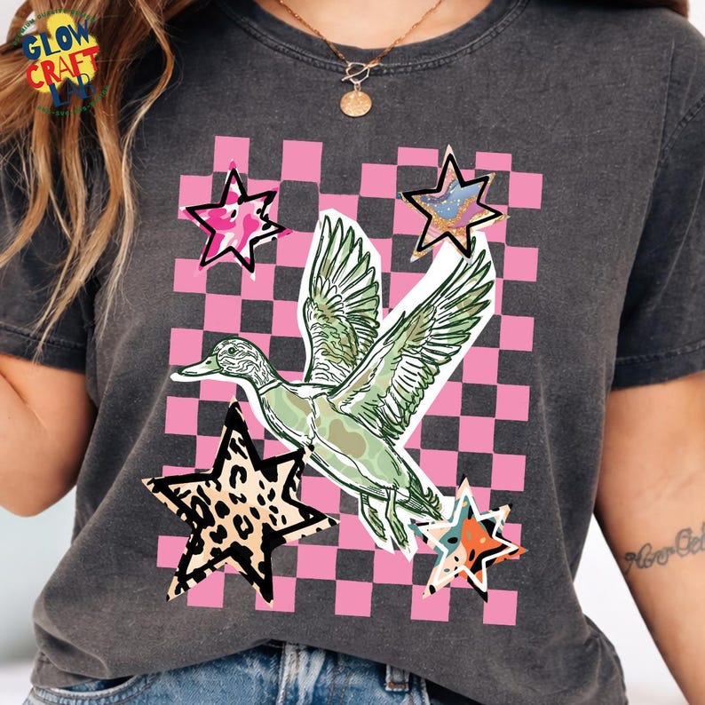 Girly trendy duck graphic with watercolor style and pink checkerboard pattern for summer apparel