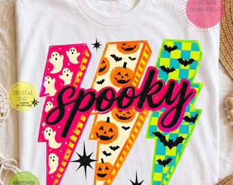 Spooky Season PNG, Retro Halloween Lightning Bolt, Ghost Pumpkin Checkered Sublimation, Preppy Fall Shirt Design, Digital Download