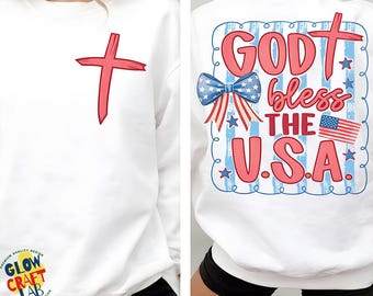 God Bless The USA PNG, Christian Patriotic 4th of July Design, American Flag Cross, Girly Coquette USA Sublimation Digital Download
