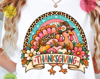 Preppy Thanksgiving Turkey PNG, Leopard Floral Turkey Design, Colorful Pumpkin Fall Sublimation, Cute Autumn Thanksgiving PNG