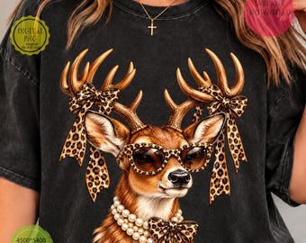 Glam Whitetail Deer PNG, Leopard Print Buck with Bows, Sunglasses and Pearl Necklace
