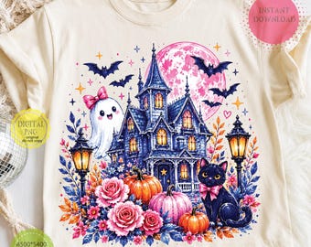 Casa embrujada PNG, diseño de sublimación de Halloween, lindo fantasma gato negro PNG, diseño de camiseta floral de otoño para Halloween, descarga de temporada espeluznante