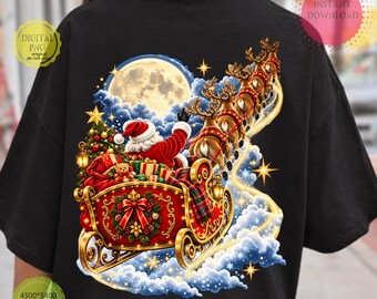 Santa Reindeer PNG, Vintage Christmas Sleigh Sublimation Design with Full Moon Scene