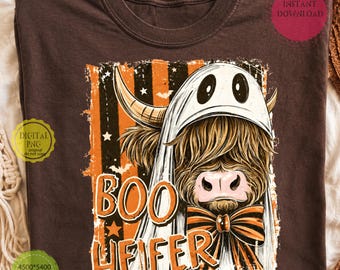 Boo Heifer Highland Cow PNG, zabawny projekt ducha na Halloween, 4500 x 5400 Pobieranie cyfrowe