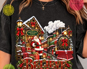 Vintage Christmas PNG, Train PNG, Santa Claus Believe Design, Retro Holiday Sublimation, North Pole Digital Download