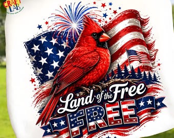 4 juli fågel PNG Land of the Free Design, patriotisk kardinal med amerikansk flagga, USA:s självständighetsdag sublimering digital nedladdning