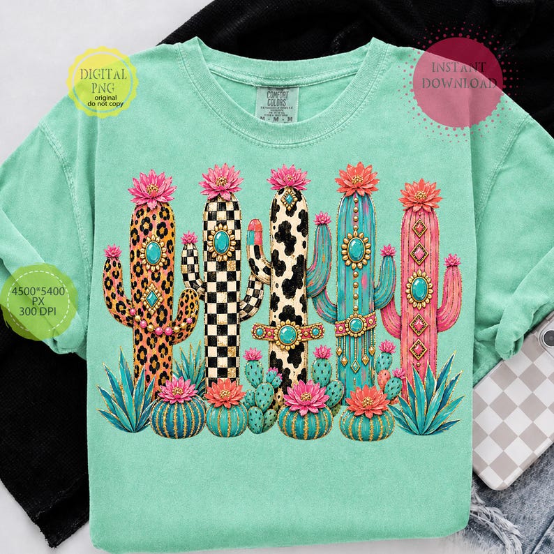 Western cactus PNG with leopard print and checkerboard cactus design