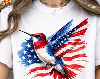 Colibrí patriótico PNG Diseño de ave del 4 de julio, gráfico de animal con la bandera estadounidense, descarga digital para sublimación del Día de la Independencia de EE. UU.