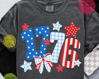 PNG patriótico de 1776, diseño de camisa Coquette Bow de EE. UU. de 1776, descarga de sublimación vintage de estrellas y rayas a cuadros del 250 aniversario de Estados Unidos para el 4 de julio