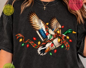Mallard Christmas PNG, Flying Duck Hunting PNG, Preppy Holiday Duck, Vintage Christmas Lights, Hunting Season Sublimation, Instant Download