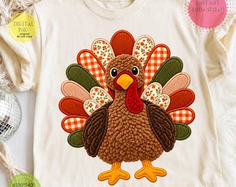Thanksgiving Turkey PNG, Preppy Embroidery Turkey PNG, Floral Fall Turkey Sublimation, Rustic Thanksgiving Digital Download