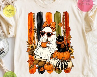 Cute Halloween Ghost PNG on Swing, Black Cat Pumpkin Design, Autumn Sublimation Digital Download