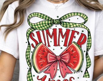 Summer Vibes Watermelon Bow PNG | Cottagecore Shirt Design (Digital Download)