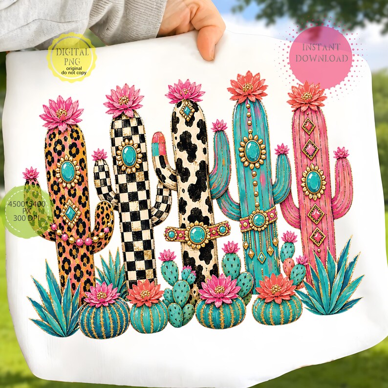 Leopard checkerboard cactus PNG for Western shirt and DTF transfer projects