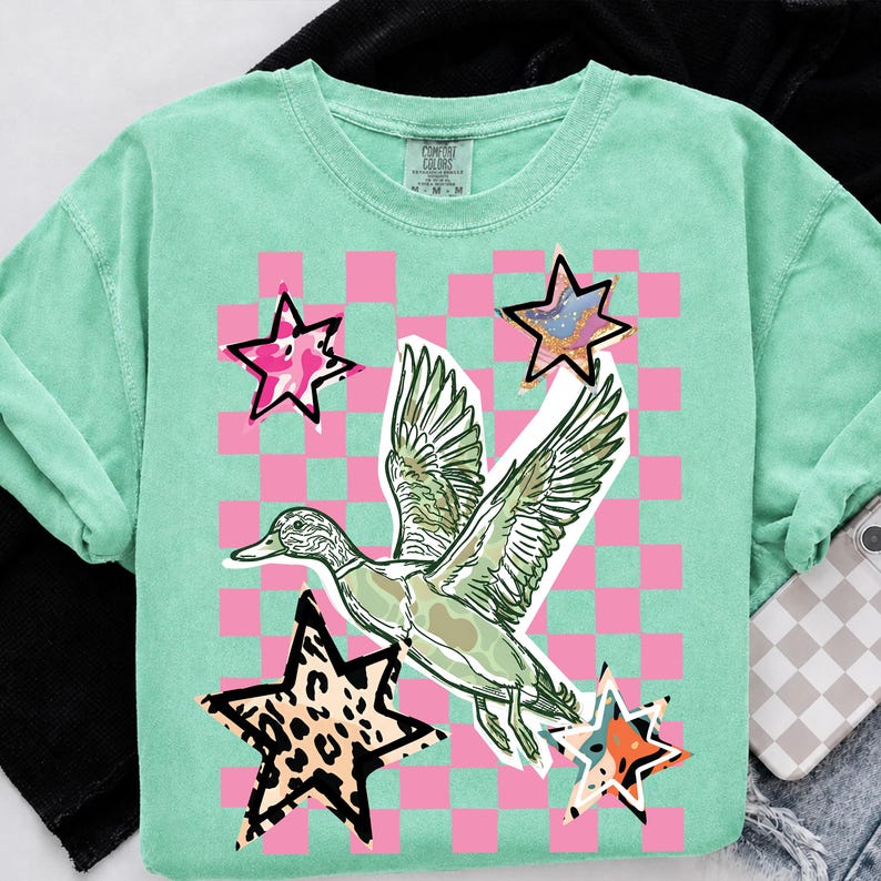 Retro mallard duck illustration with pink and white checkered backdrop for trendy summer graphics