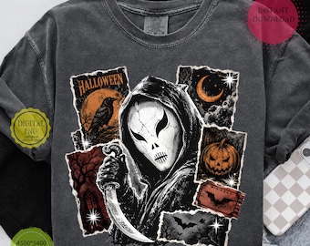Horror Movie PNG, Reaper Ghost Face Graphic Tee Design, Mirror Ball Slasher Art, Retro Halloween Dark Shirt PNG, Digital Download