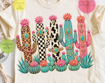 Westerse cactus png, luipaard dambordcactus, faux oliegeschilderde cowgirl boho sublimatieontwerp, trendy woestijndownload