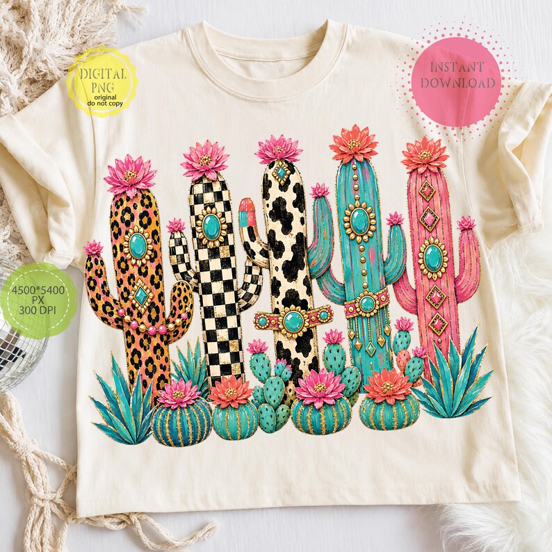 High resolution Western cactus PNG with trendy turquoise and pink color palette