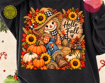Hello Fall PNG, Fall Scarecrow PNG, Autumn Pumpkin Sunflower Design, Rustic Harvest Sublimation, Thanksgiving Digital Download