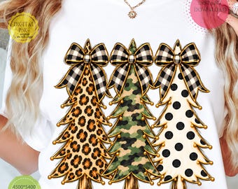 Camo Christmas Trees PNG, Leopard Christmas Tree, Checkered Bow PNG, Coquette Preppy Christmas Sublimation, Girly Xmas Design