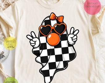 Fantasma lindo PNG, Halloween PNG, Diseño de fantasma coqueto y preppy, Sublimación de temporada espeluznante, Camiseta de Halloween a cuadros para chicas PNG