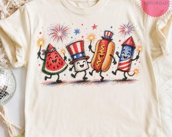 Patriotic Doodle PNG, Cute Fourth of July Sublimation Design, Watermelon Hotdog Firework Graphic, Retro Americana Digital Download