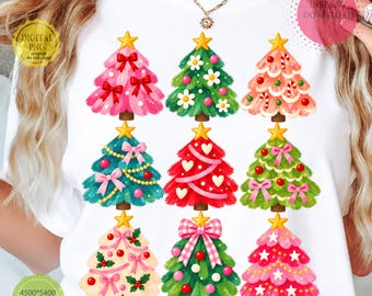 Colorful Christmas Trees PNG: Pink Bows Candy Cane Floral Holiday Tree Collection png Festive Clipart (Digital Download)