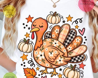 Preppy Turkey PNG, Floral Thanksgiving Turkey PNG, Autumn Turkey w kratkę, Ręcznie rysowana jesienna sublimacja, Uroczy projekt koszulki na Święto Dziękczynienia