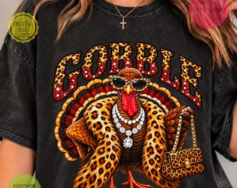 Boujee Turkey PNG, Lampart Święto Dziękczynienia PNG, Wzór Glam Gobble Turkey, Jesienne kryształki PNG, Koszulka z nadrukiem Preppy Turkey Sublimation