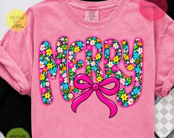 Preppy Pink Merry Christmas Png, Floral Christmas Png, Christmas Tree Png, Santa Claus Png, Holiday Png, Coquette Xmas Png, Aesthetic