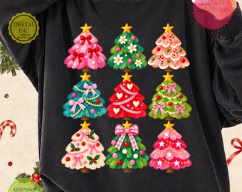 Preppy Christmas Trees PNG, Coquette Bow Christmas PNG, Hand Painted Girly Xmas Sublimation, Pink Green Holiday Tree Bundle