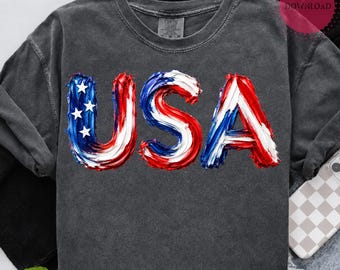USA PNG, Patriotic Brushstroke Lettering, Red White Blue America Design, July 4th Sublimation, Memorial Day Digital Download