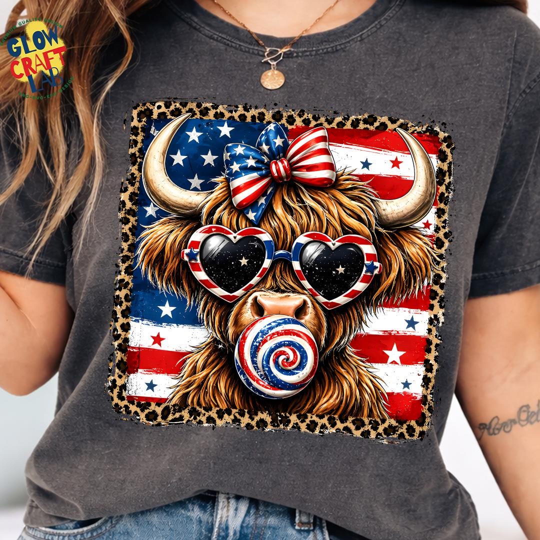 Highland Cow 4th of July PNG Patriotic Cow With Bow, American Flag Cute ...