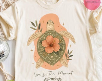 Żółw morski hibiskus PNG, sublimacja „Żyj chwilą”, nadmorski wzór boho z żółwiem, grafika na koszulkę letnią z tropikalnym oceanem