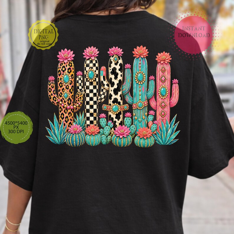 Southwestern cactus PNG with desert flowers and turquoise concho details