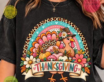 Thanksgiving Turkey PNG, Leopard Checkered Turkey PNG, Preppy Floral Autumn Pumpkin Sublimation, Rustic Fall Thanksgiving Design